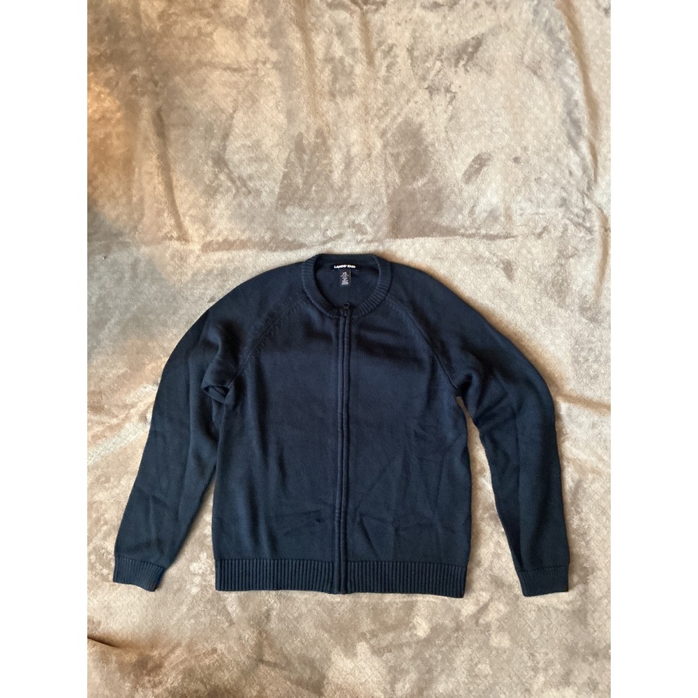 Lands End Kids Navy Blue Full Zip Cardigan Sweater Size L 14 School Uniform